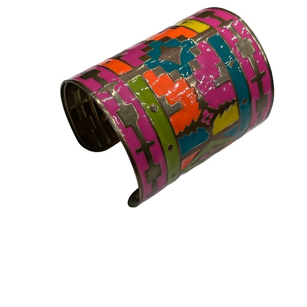 Enamel Tribal Painted Native American Inspired Wide Cuff Bracelet - Picture 2 of 4